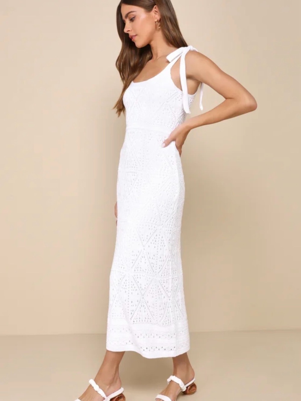 Lulu's White Tie-Shoulder Crochet Maxi Dress